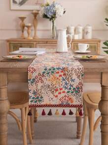 1 件提花编织彩色树枝和红色流苏桌旗，适用于咖啡桌、电视柜、床尾、Ins 风格 - 米色 - 查看 8