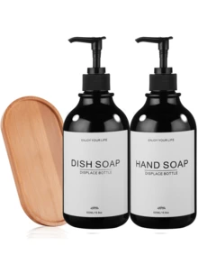 GAONLY 厨房皂液器套装 - 带泵的塑料皂液器 - 白色和黑色 16.9 液体盎司 - 浴室皂液器 2 件套 - 带托盘的皂液器和乳液分配器套装（万圣节圣诞礼物） - 黑色帶托盤 - 查看 3