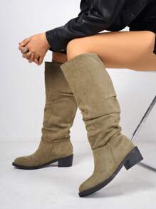 Women's Fashion Casual Pleated Pointed Toe Slip-On Suede Motorcycle Boots, Thick Heel Western Boots For Autumn, Green Tall Boots, Women's Rubber Shoes For Winter, Purple Boots, Women's Mid-Calf Boots, Women's Fashionable Boots, Women's Shoes