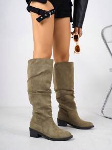 Women's Fashion Casual Pleated Pointed Toe Slip-On Suede Motorcycle Boots, Thick Heel Western Boots For Autumn, Green Tall Boots, Women's Rubber Shoes For Winter, Purple Boots, Women's Mid-Calf Boots, Women's Fashionable Boots, Women's Shoes