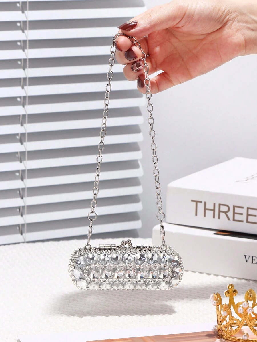 女士晚装手包，闪亮迷你水钻口红形状包，配有化妆镜，适合宴会、派对、婚礼、鸡尾酒会、舞会、生日礼物、情人节礼物