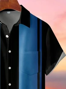 Vintage Colorblock 3D Digital Print Button Pocket Shirt, Plus Size Men - Navy Blue - View 4