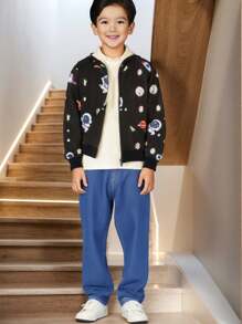 OIPOIG Young Boy Casual Hooded Warm Jacket With Cosmic Element Prints, Fall & Winter - Black - View 9