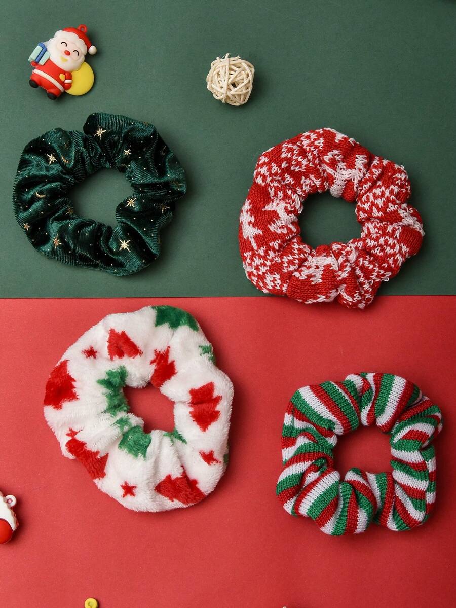 4 Peças Scrunchies de Cabelo Encaracolado de Natal com Estrela, Elásticos de Cabelo Xadrez, Decoração de Cabelo de Natal, Suporte de Rabo de Cavalo, Presente para Meninas