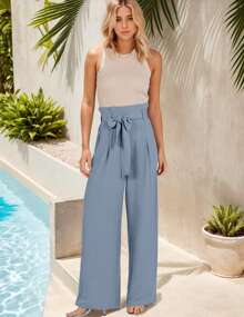 Womens Casual High Waisted Wide Leg Pants Belted Long Trousers With Pockets - Màu xanh nhạt - Xem 4