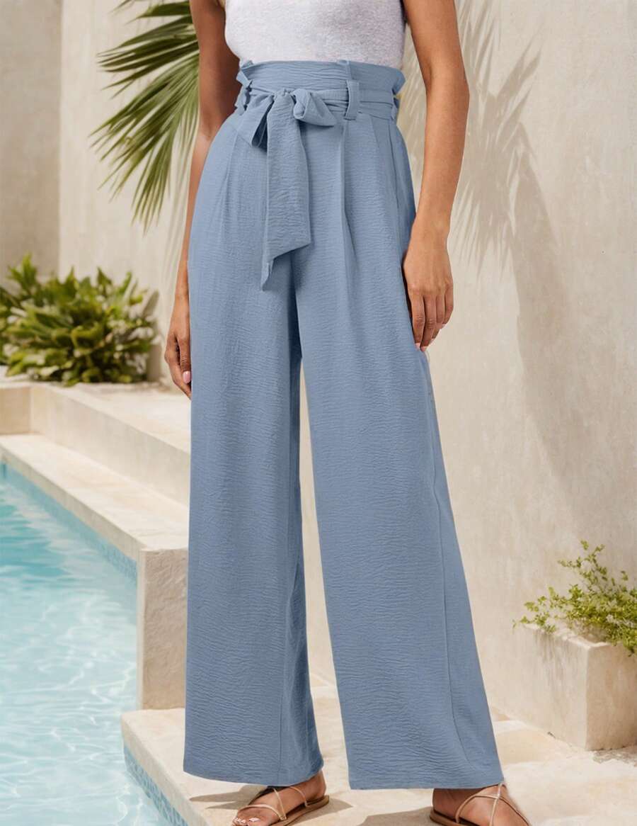 Womens Casual High Waisted Wide Leg Pants Belted Long Trousers With Pockets - Màu xanh nhạt - Xem 1