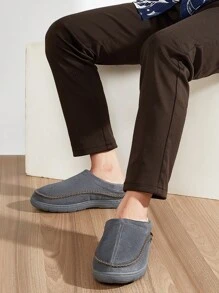 毛皮男士家居拖鞋冬季保暖柔软缝纫线纯色绒面革卧室男士鞋记忆泡沫舒适休闲拖鞋 - 灰色 - 查看 8