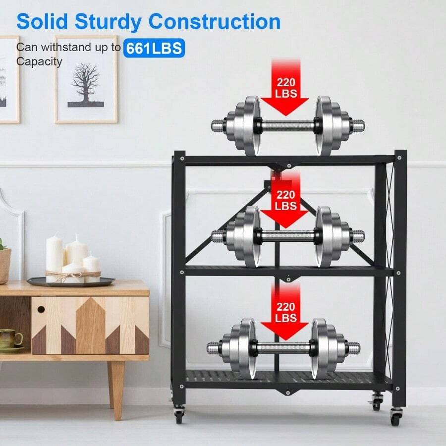3Tier Heavy Duty Foldable Metal Rack Storage Shelving Unit With Wheels