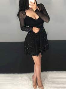 Glitter Sheer Mesh See Through Contrast Lace Long Sleeve Mini Dress Deep V Neck A Line Dresses - Black - View 3