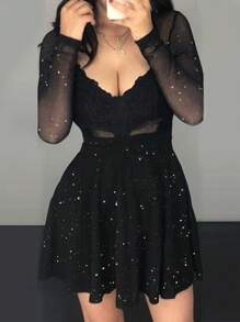 Glitter Sheer Mesh See Through Contrast Lace Long Sleeve Mini Dress Deep V Neck A Line Dresses - Black - View 2