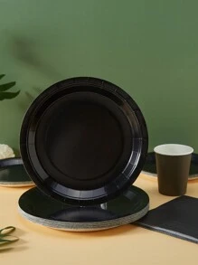 1 Set (25pcs) Solid Black Disposable Dinner Plates, Napkins, Cups, Paper Party Supplies, Suitable For Birthday, Wedding, Party And Family Picnic