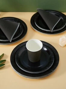 1 Set (25pcs) Solid Black Disposable Dinner Plates, Napkins, Cups, Paper Party Supplies, Suitable For Birthday, Wedding, Party And Family Picnic