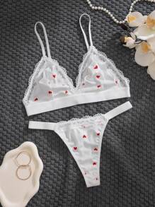 2pcs Women Underwear Lingerie Set, Lace Patchwork Heart Print Design, Comfortable And Fashionable Two Pieces Set Women 2 Pieces Set - White - View 6