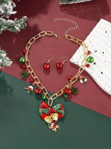 1pc Christmas Bells & Santa Claus & Christmas Tree Metal Chain Necklace & Earring Set - Multicolor - View 5