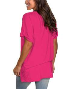Women's Tshirts Casual V Neck Short Sleeve Loose Summer Tunic Tops - Hot Pink - View 2
