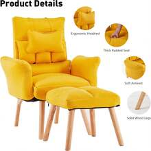 Lazy Chair With Ottoman, Modern Linen Fabric Accent Chair With Footstool, Leisure Sofa Armchair With 5 Angles Adjustable Backrest, Comfy Lounge Chair For Bedroom Living Room (Yellow) - 黃色 - 查看 2