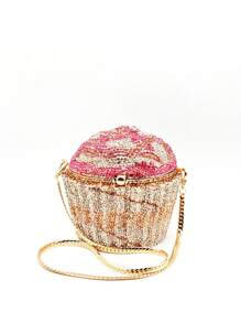 Super Mini Cupcake Design Crystal Clutch Bags,Full Diamond Pink Cake Shape With Metal Chain Evening Bags For Ladies/Girls,Luxury Rhinestone Handmade Clutch Purses For Dinner Party Wedding Bride & Cocktail Prom,Best Christmas Gift With Box - Màu Hồng baby - Xem 2