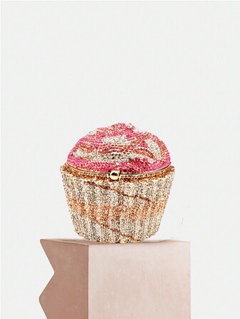 Super Mini Cupcake Design Crystal Clutch Bags,Full Diamond Pink Cake Shape With Metal Chain Evening Bags For Ladies/Girls,Luxury Rhinestone Handmade Clutch Purses For Dinner Party Wedding Bride & Cocktail Prom,Best Christmas Gift With Box