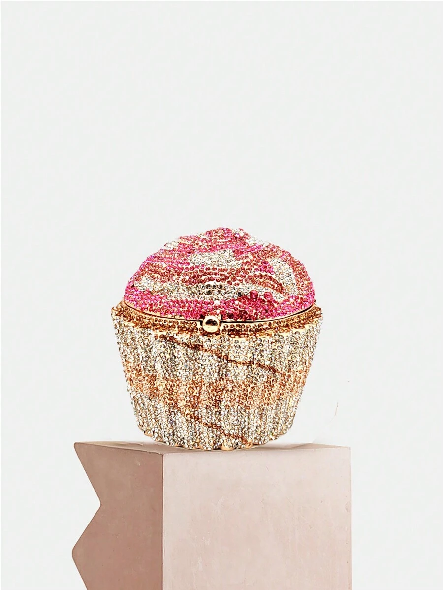Super Mini Cupcake Design Crystal Clutch Bags,Full Diamond Pink Cake Shape With Metal Chain Evening Bags For Ladies/Girls,Luxury Rhinestone Handmade Clutch Purses For Dinner Party Wedding Bride & Cocktail Prom,Best Christmas Gift With Box - Màu Hồng baby - Xem 1
