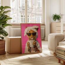 1 pieza Póster de lienzo, con marco de madera sólida, arte de pared imprimible, pintura de aceite minimalista de un leopardo bebiendo café, comedor de dopamina, póster colorido y elegante de cocina, póster de mañana vívida - Multicolor - Ver 10