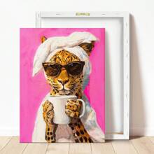 1 pieza Póster de lienzo, con marco de madera sólida, arte de pared imprimible, pintura de aceite minimalista de un leopardo bebiendo café, comedor de dopamina, póster colorido y elegante de cocina, póster de mañana vívida - Multicolor - Ver 8