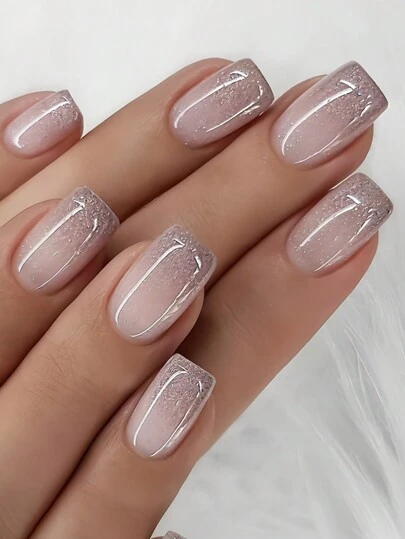 24pcs Square Short Nail Stickers, Instantly Upgrade Your Look! European Coffee Color Ombre Glitter Elegant False Nails, Full Coverage Nail Art Set Includes 1pc Adhesive Sticker And 1pc Mini Nail File, Suitable For Women And Girls Daily Wear, Especially Suitable For Autumn/Winter. Random Jelly Gel Color Delivery.