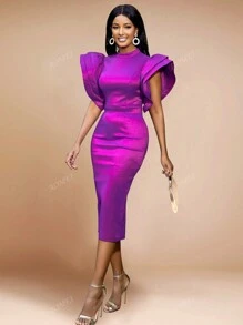 Women's Mock Neck Glitter Ruffles Multi-Layered Sleeve Bodycon New Year Party Midi Dress Formal Evening Dress, For Birthday, Wedding Guest, Graduation, Dinner, Homecoming,Cocktail