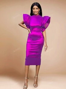 Women's Mock Neck Glitter Ruffles Multi-Layered Sleeve Bodycon New Year Party Midi Dress Formal Evening Dress, For Birthday, Wedding Guest, Graduation, Dinner, Homecoming,Cocktail