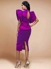 Vestido midi de mujer con cuello alto, mangas con volantes de lentejuelas y silueta ajustada, vestido de noche formal adecuado para fiesta de Año Nuevo, cumpleaños, invitado de boda, ceremonia de graduación, gala, regreso a casa, fiesta de cóctel, primavera elegante - Morado - Ver 7