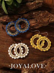 Joyalove 1 Cặp bông tai ngọc trai nhân tạo đính hạt phong cách Bohemian thủ công, bông tai dạng vòng, bông tai thanh lịch dễ thương dành cho phụ nữ, thích hợp để đeo hàng ngày và đi nghỉ - Màu xanh lam - Xem 3
