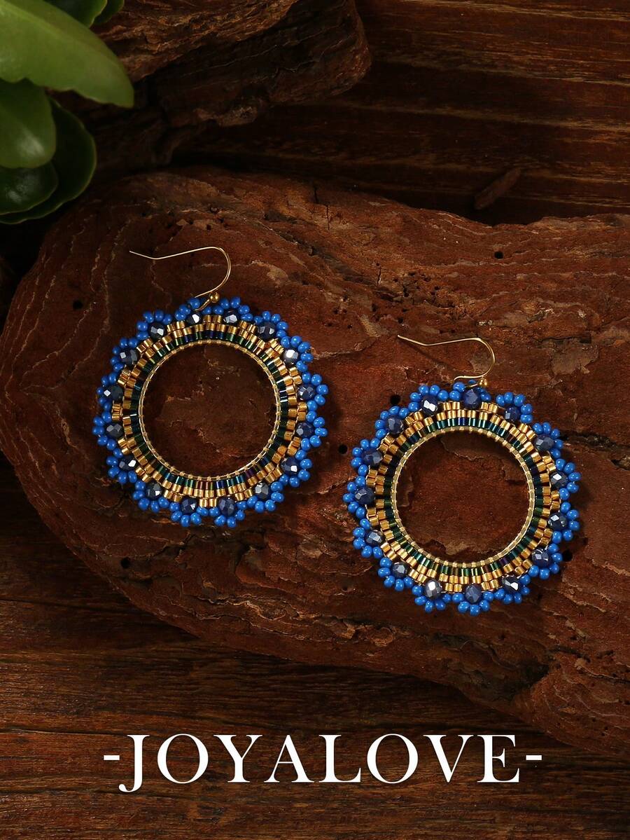 Joyalove 1 Cặp bông tai ngọc trai nhân tạo đính hạt phong cách Bohemian thủ công, bông tai dạng vòng, bông tai thanh lịch dễ thương dành cho phụ nữ, thích hợp để đeo hàng ngày và đi nghỉ - Màu xanh lam - Xem 1