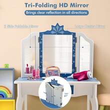 Homasis Kid Vanity Set Wooden Makeup Table Stool Tri-Folding Mirror Snowflake Print - Blue - View 6