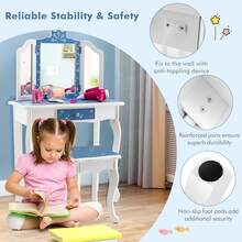 Homasis Kid Vanity Set Wooden Makeup Table Stool Tri-Folding Mirror Snowflake Print - Blue - View 8