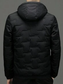 Men's Casual Solid Color Hooded Padded Coat, Winter - Black - View 2
