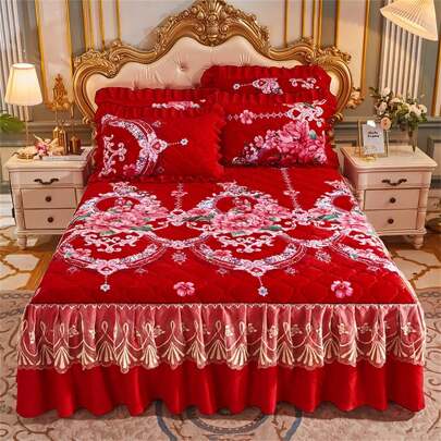 1pc Crystal Velvet Thickened Quilted Printed Bed Skirt (Pillow Case Not Included), Lace Ruffle Bed Cover, Anti-Slip Hem, Suitable For Autumn/Winter, Bedroom And Guest Room, Washable, Machine Washable (Bed Skirt Only, No Pillow Case)