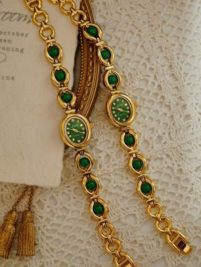 1pc Luxury Women's Oval Quartz Watch With Elegant Vintage Peacock Green Jewelry Watch Band, High-End Daily Wear Ladies Watch, Gift With Adjustable Watch Strap Tool For Holidays & Birthdays