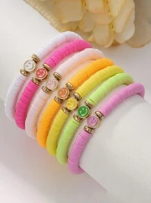 7pcs/Set Boho Style Multicolor Alloy Smiling Face Clay Bead Bracelets, Suitable For Girls Daily Wear, Party