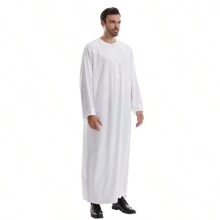 Einfarbiger, handgefertigter Knopf-Bademantel mit rundem Kragen für Herren