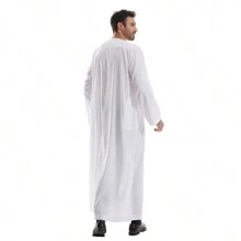 Einfarbiger, handgefertigter Knopf-Bademantel mit rundem Kragen für Herren