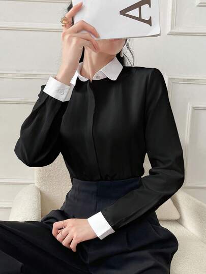 Elva 女士纯色长袖商务面试通勤休闲宽松简约返校衬衫，适合春、夏、秋季穿着。也适合情人节、新年、约会、通勤等场合。