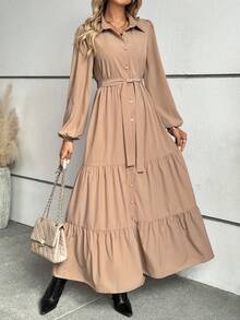 Vestido camisa con cinturón, manga linterna, volantes, unicolor - Caqui - Ver 6