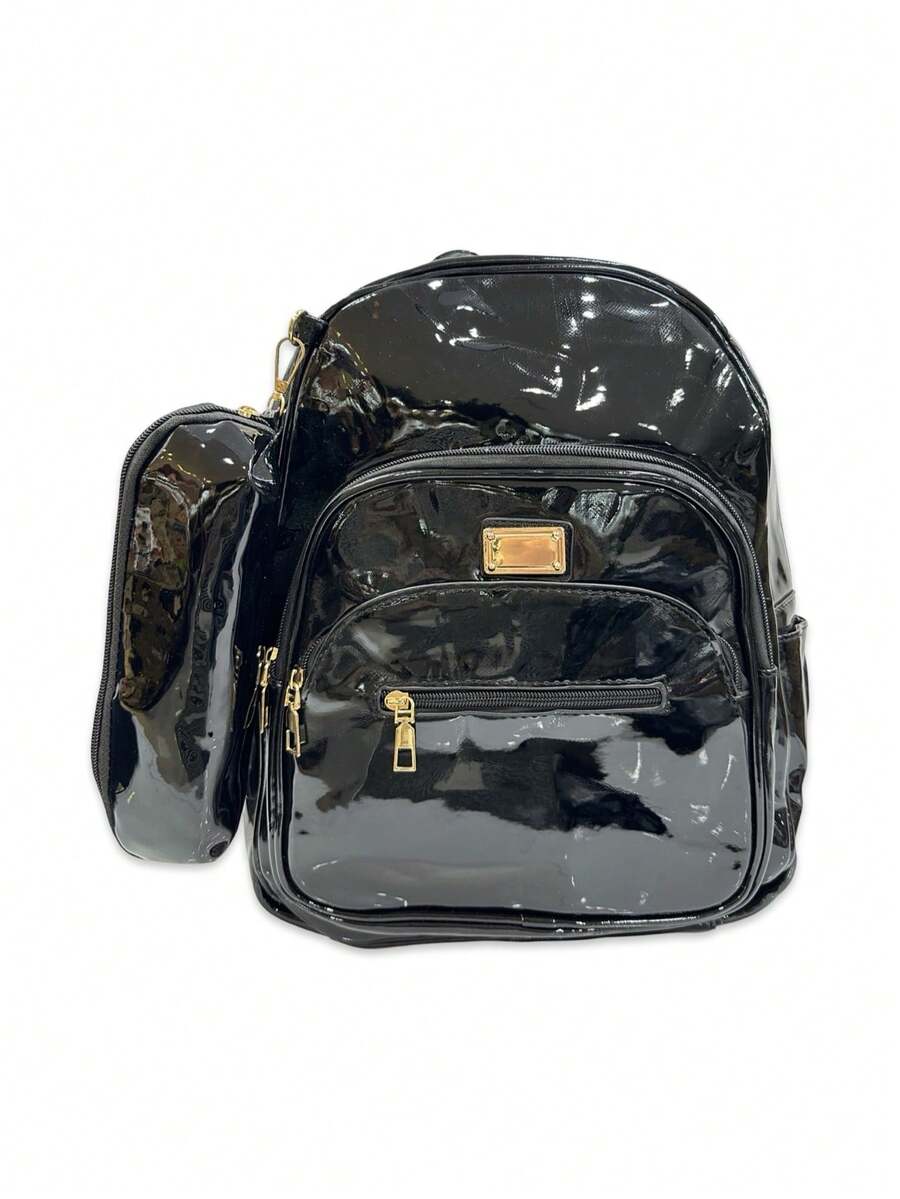 Large Varnished Women's Backpack With Pencil Case - 黑色 - 查看 1