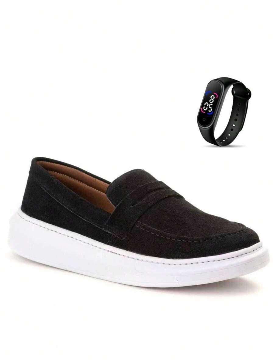 Men's Elegant Loafer Shoes In Lightweight Stitched Leather With Soft Sole + Watch - 黑色 - 查看 1