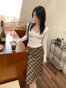 女士蕾丝 V 领长袖 T 恤，别致、甜美碎花、修身吊带背心，适合初秋