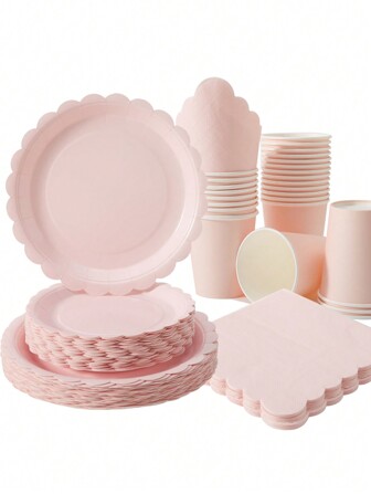 Disposable Pink Floral Plate, Napkin And Cup Party Set, Suitable For 25 Guests, One-Time Paper Plate Party Supplies Fit For Birthday, Wedding, Party And Family Picnic