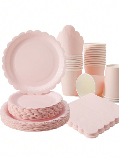 Disposable Pink Floral Plate, Napkin And Cup Party Set, Suitable For 25 Guests, One-Time Paper Plate Party Supplies Fit For Birthday, Wedding, Party And Family Picnic