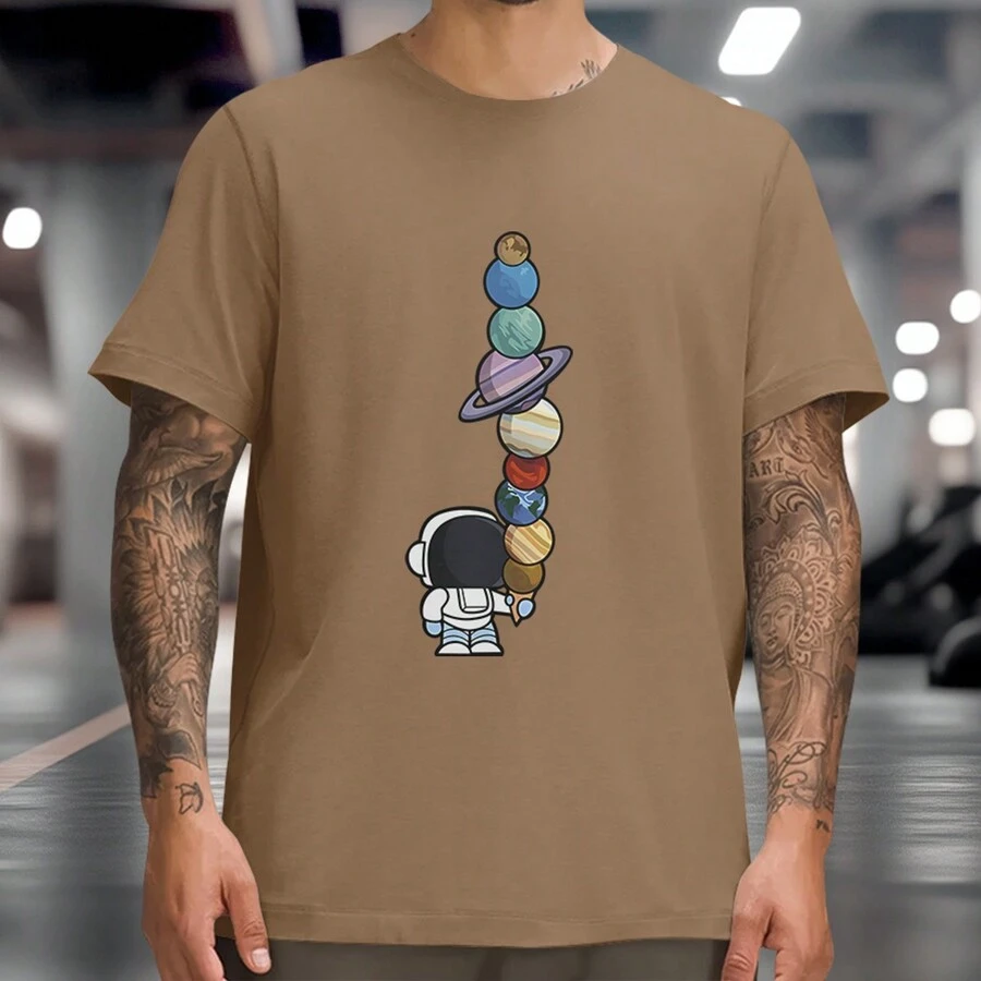 Nerd Astronaut T-Shirt Planets Ice Cream Galaxy Shirt Space Geek Fashion 100% Cotton - 卡其色 - 查看 1