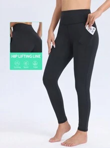 ROYALS MATTINI 女式带口袋运动紧身裤，黑色瑜伽裤，纯色弹力高腰深蹲收腹紧身裤，适合室内健身锻炼、户外跑步骑行、舞蹈训练 - 黑色 - 查看 2