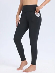 ROYALS MATTINI 女式带口袋运动紧身裤，黑色瑜伽裤，纯色弹力高腰深蹲收腹紧身裤，适合室内健身锻炼、户外跑步骑行、舞蹈训练 - 黑色 - 查看 5