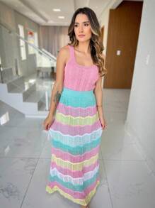 Long Skirt Knitted Lace Crochet Stitch Colorful Summer Fashion Beach Pool Lined Fits 36 To 48 - Laredo+U綠裙(36至48) - 查看 1
